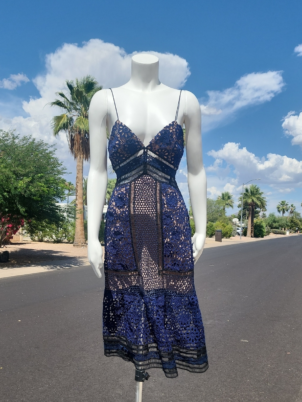 SELF-PORTRAIT Guipure Lace Midi Dress Size 0 Blue Nude Crochet A Line Party Wedd - Picture 4 of 15
